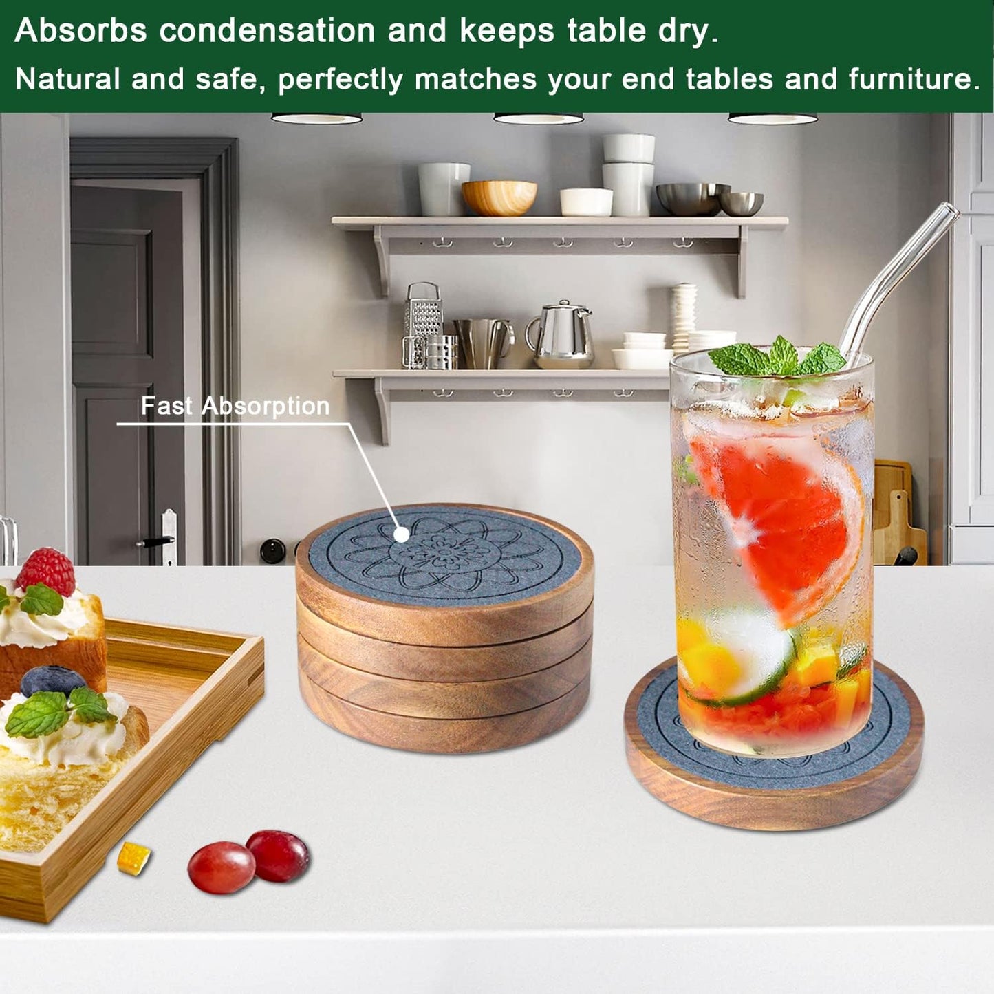 Wood Coasters for Drinks, Absorbent Coaster Sets of 5, Drinks Coasters for Coffee Tabletop Protection, Non-Slip, Non-Stick, Suitable for Kinds of Cups Wooden Table Hot or Cold Drink, 4.3 Inches