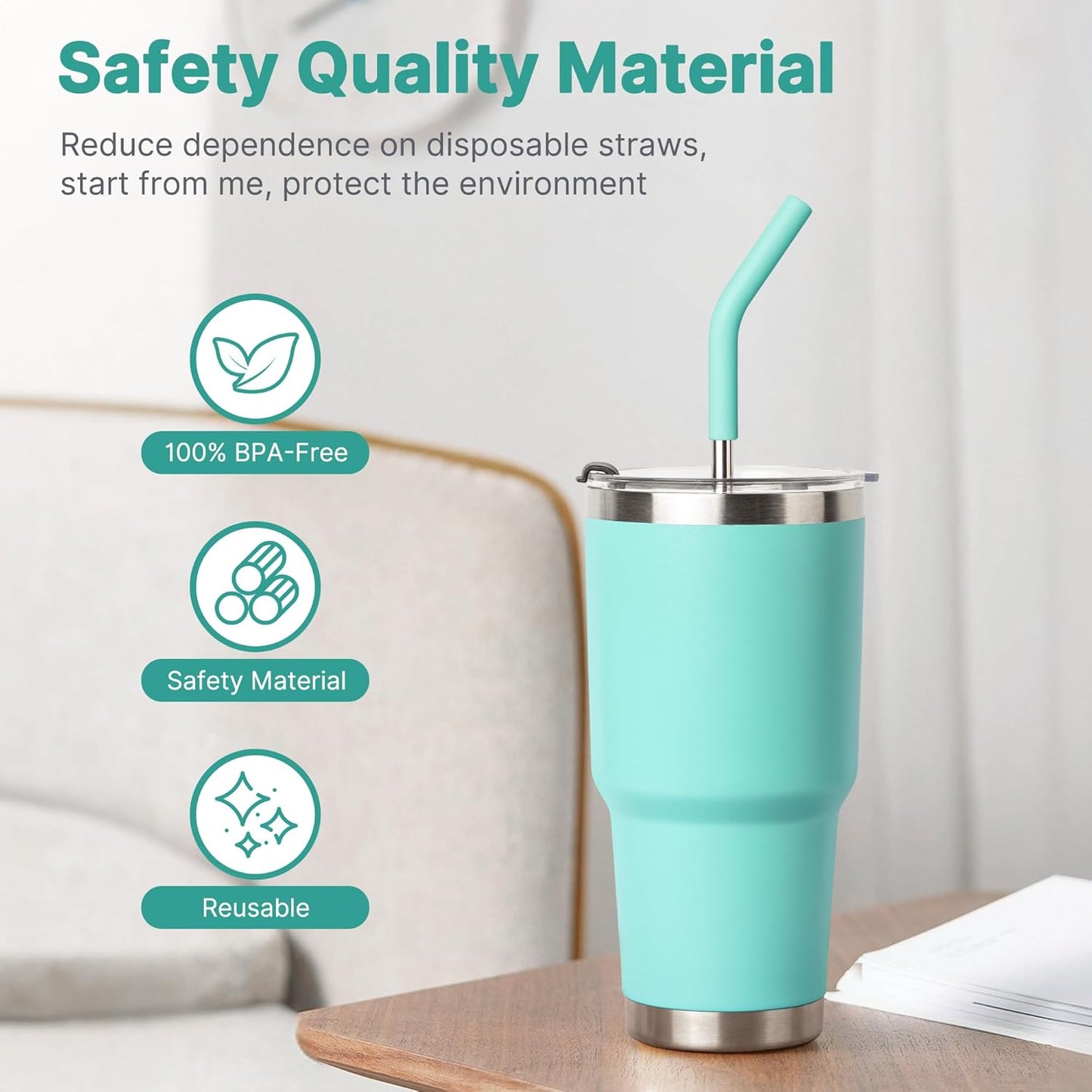 Stainless Steel Straw for 30 oz YETI Tumbler, 9.5in Metal Straight Straws Reusable with Silicone Tip for Milk, Juice, Cola, Coffee- 2 Cleaning Brushes & 1 Portable Bag