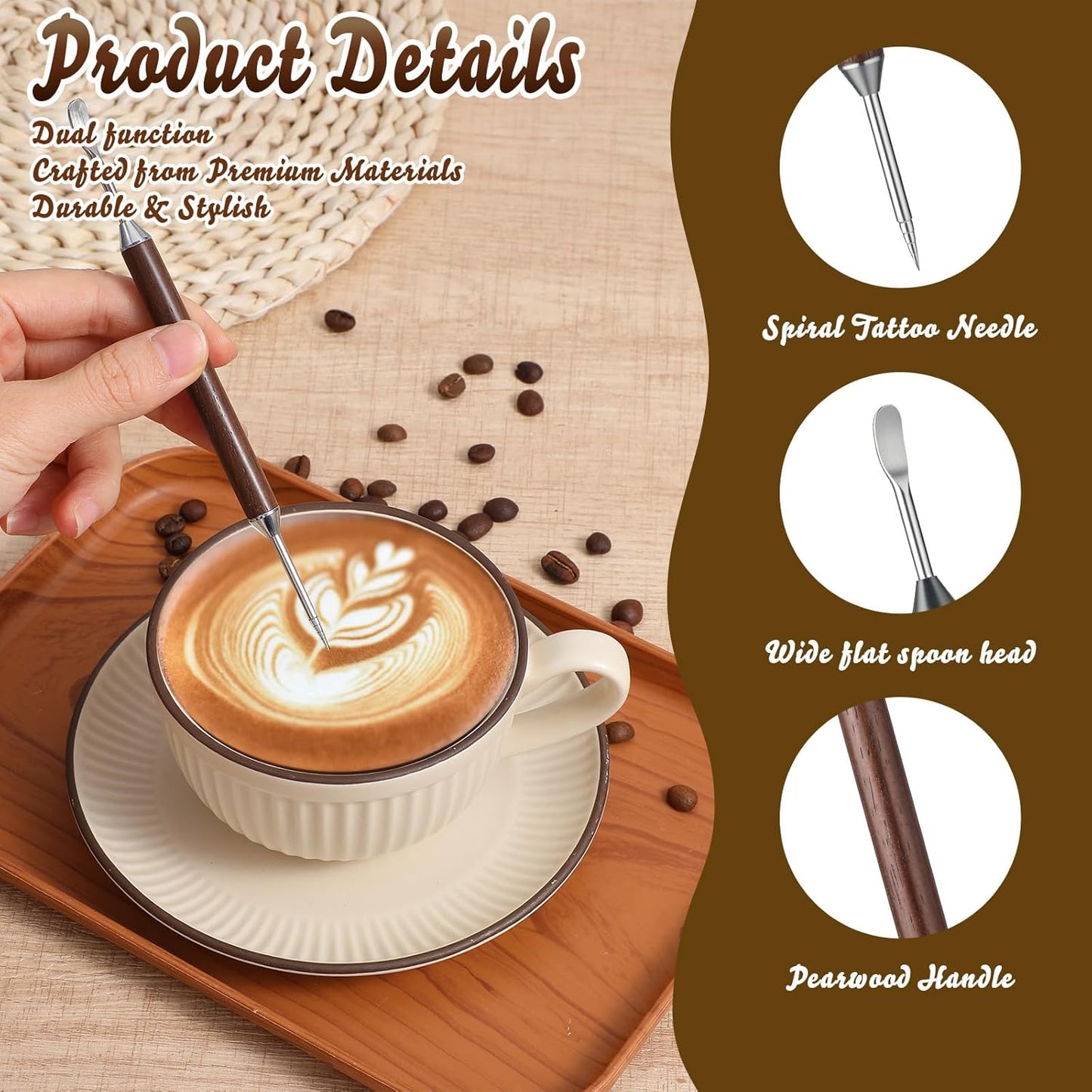 2pcs Latte Art Pen, Double-Ended Stainless Steel Barista Tools with Black Wood Handle, Professional Coffee Art Pen for Home Cafe Espresso Designs, Barista Accessories