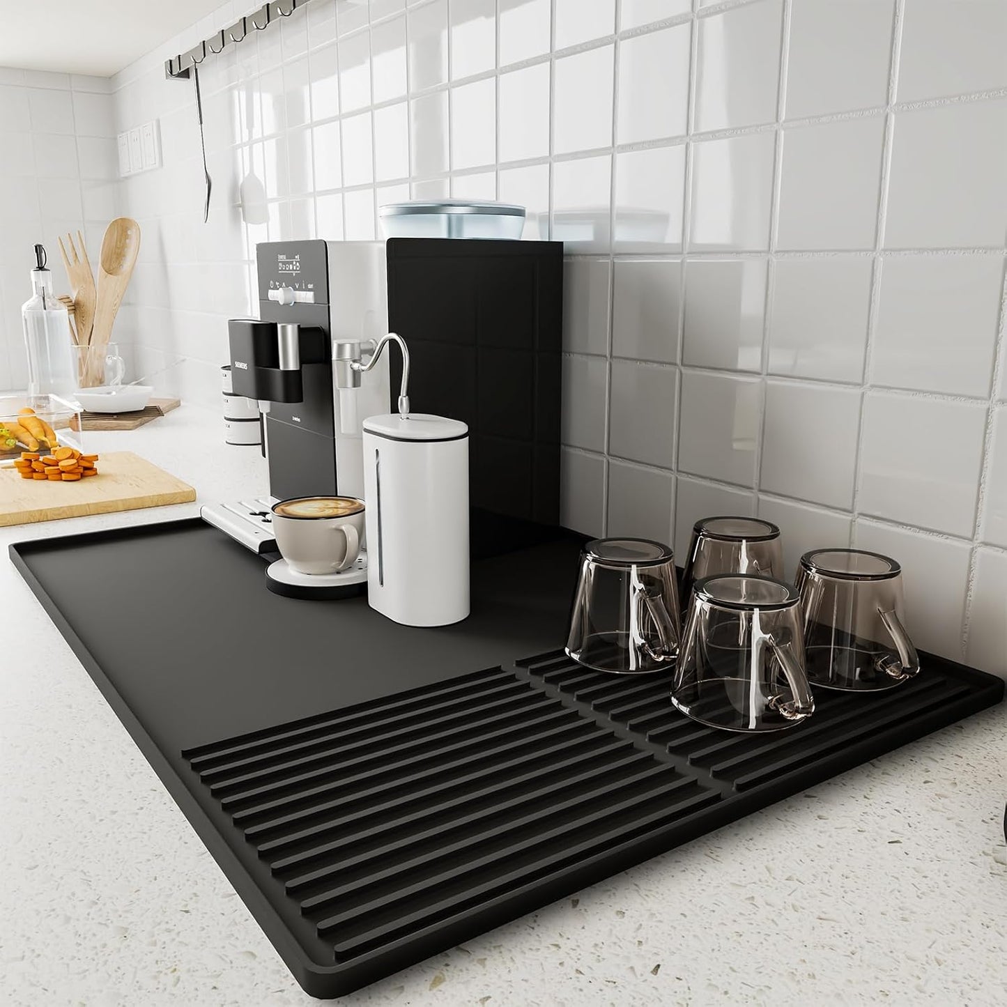 Silicone Coffee Mat with Raised Edges, 20'' X 12'', Bar Mat for Countertops, Fits Under Coffee Maker, Espresso Machine, Dish Drying Mat (BLACK)