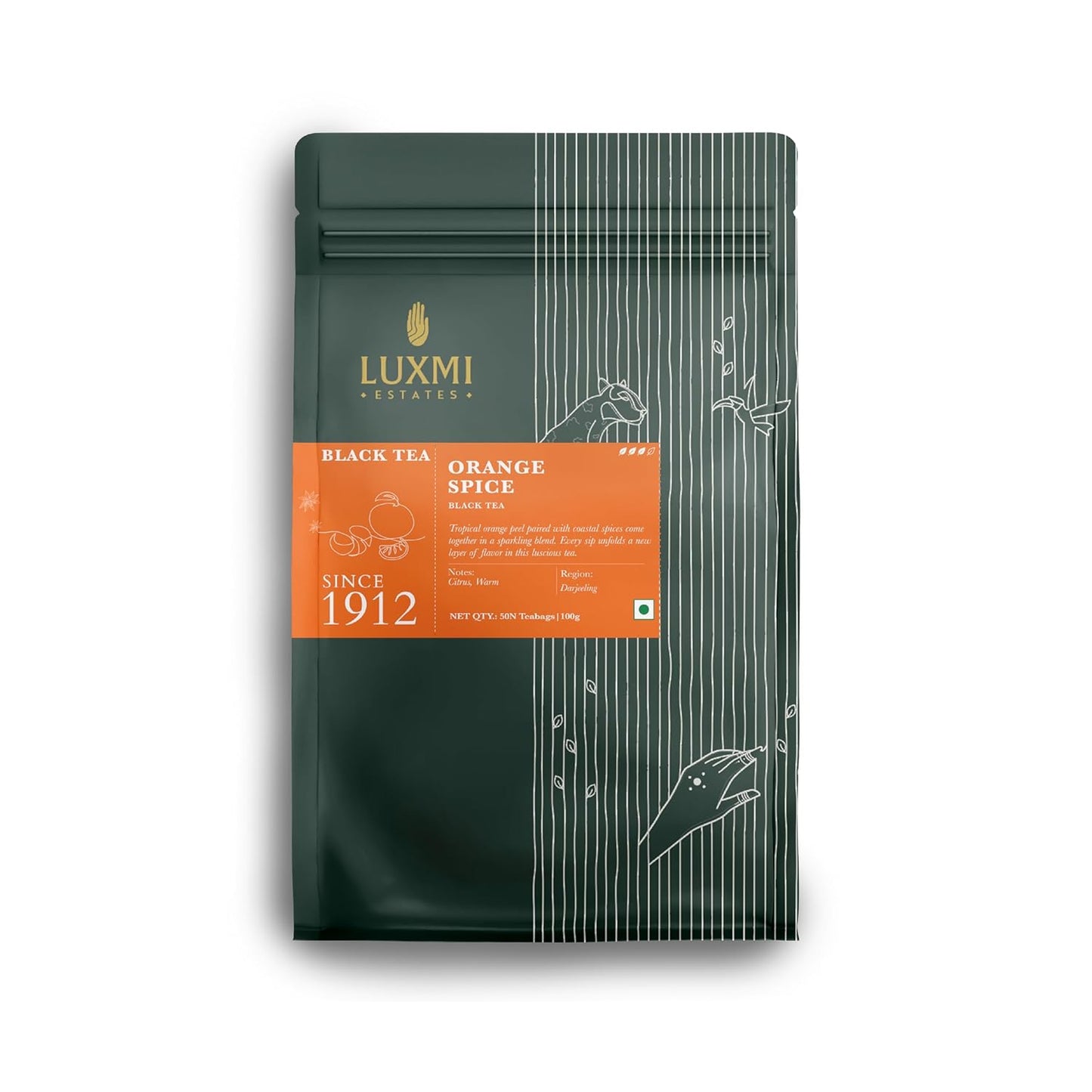 Luxmi Estates Orange Spice Black Tea 50 Tea Bags (100g) Pack | Certified Organic Black Tea | Smooth, Flavorful, Robust, Caffeinated | Darjeeling Tea from India | 50 Cups Bulk Pack