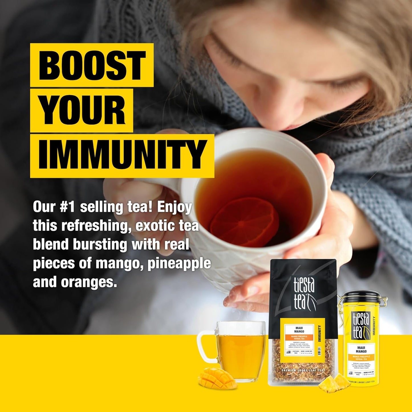 Tiesta Tea - Maui Mango, Loose Leaf, Mango Pineapple Herbal Tea, Premium Non-Caffeinated Fruit Blend, Makes Hot or Iced & Brews Up to 250 Cups - 16oz Bulk Pouch & 5.5oz Refillable Tin Combo