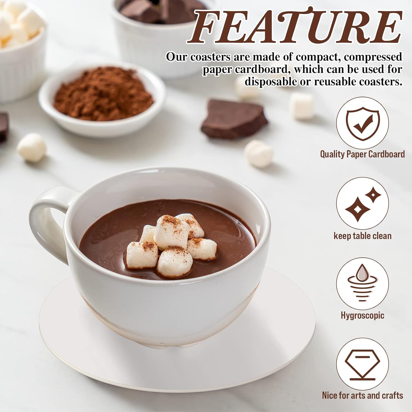 TaoBary 100 Pcs Disposable Paper Coasters Bulk 1MM, 4 Inch Round Cardboard Coasters Blank for Bar Drinks DIY Crafts Arts Wedding (White)