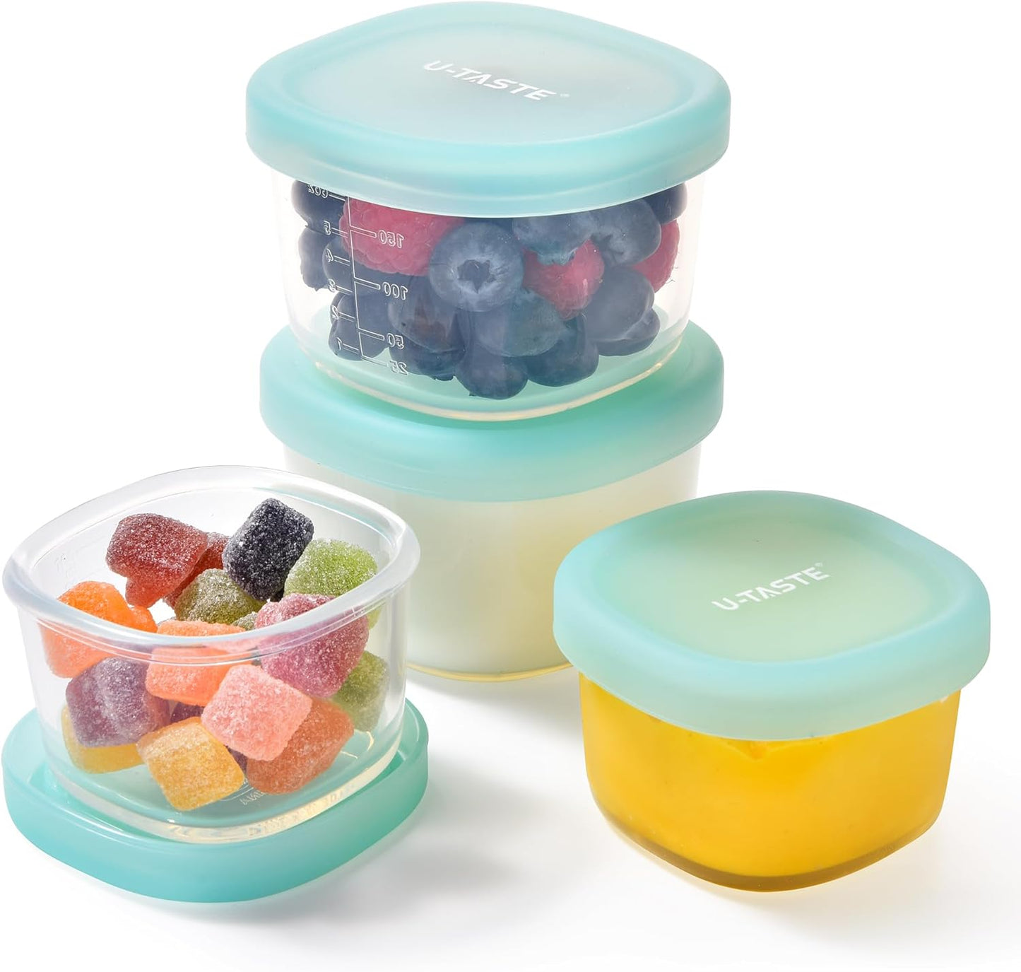 U-Taste 3oz 6oz Small Storage Containers: Food Grade Liquid-Silicone Freezer Box with Airtight Lid, Microwave Safe with Clear Measurements, Reusable for Meal Prepping Portion (Set of 4, Aqua Sky)