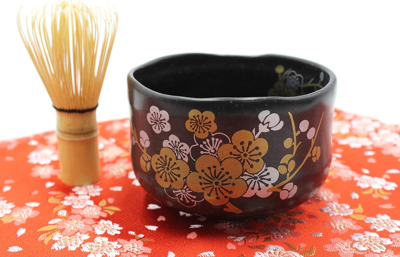 Japanese Traditional Mino Ware Handcrafted Mini Matcha Chawan Tea Bowl Cup Set With Chasen Bamboo Tea Whisk Ceremony Tableware Pottery (Tenmoku Ume)