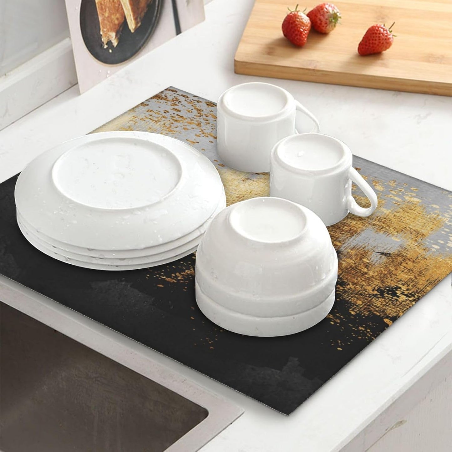 Black Gold Art Splash Dish Drying Mat for Kitchen Counter, Absorbent Microfiber Abstract Modern Drying Pad, 16 x 18 inch, Luxury Decorative Foldable Kitchen Mat for Sink & Coffee Bar, Black Home Decor