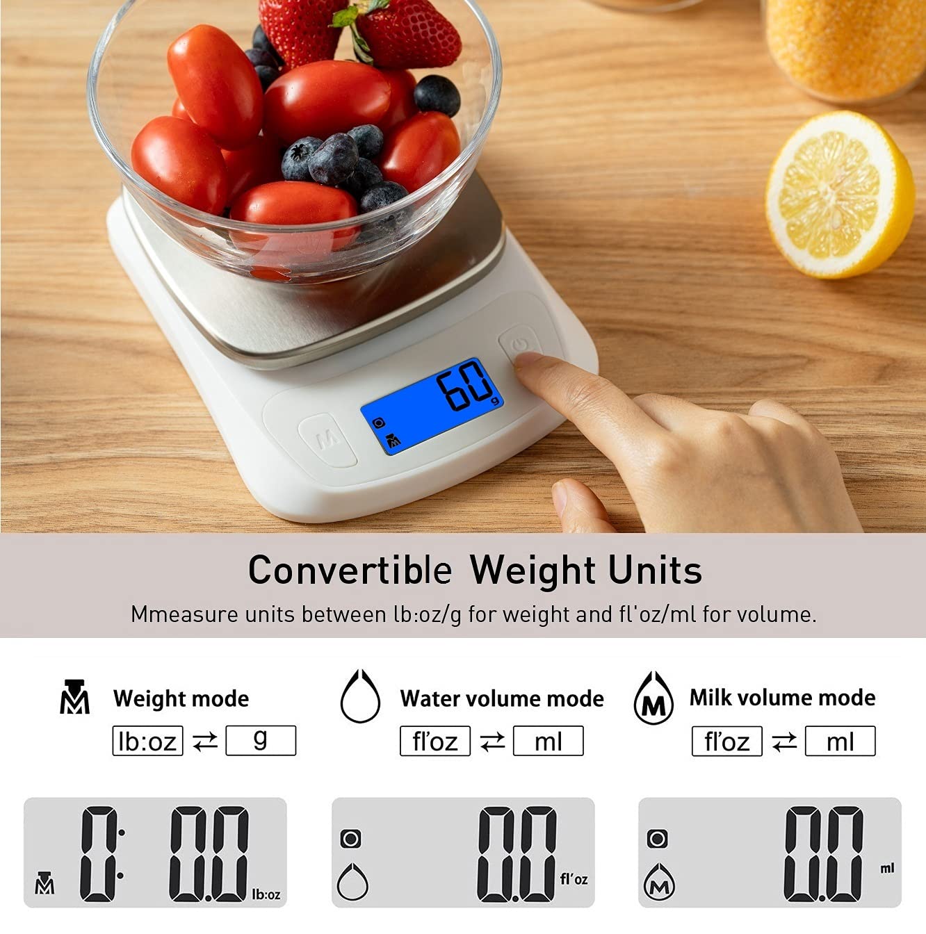 NUTRI FIT Food Kitchen Scale Digital Grams and Ounces Ultra Slim Scale Portable for Baking Cooking Camping Stainless Tare Auto Off Backlit Large LCD Display 11lb/5kg-White