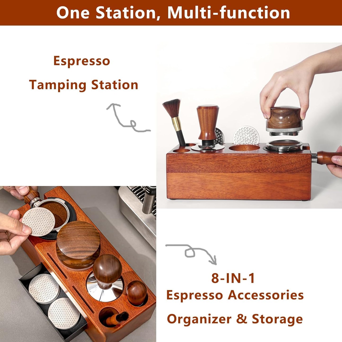 Espresso Tamping Station - 8 in 1 Espresso Coffee Organizer for Storage 51/53/54/58MM Espresso Tamper, Distributor, Portafilter & Puck Screen Accessories, Wooden Tamper Station