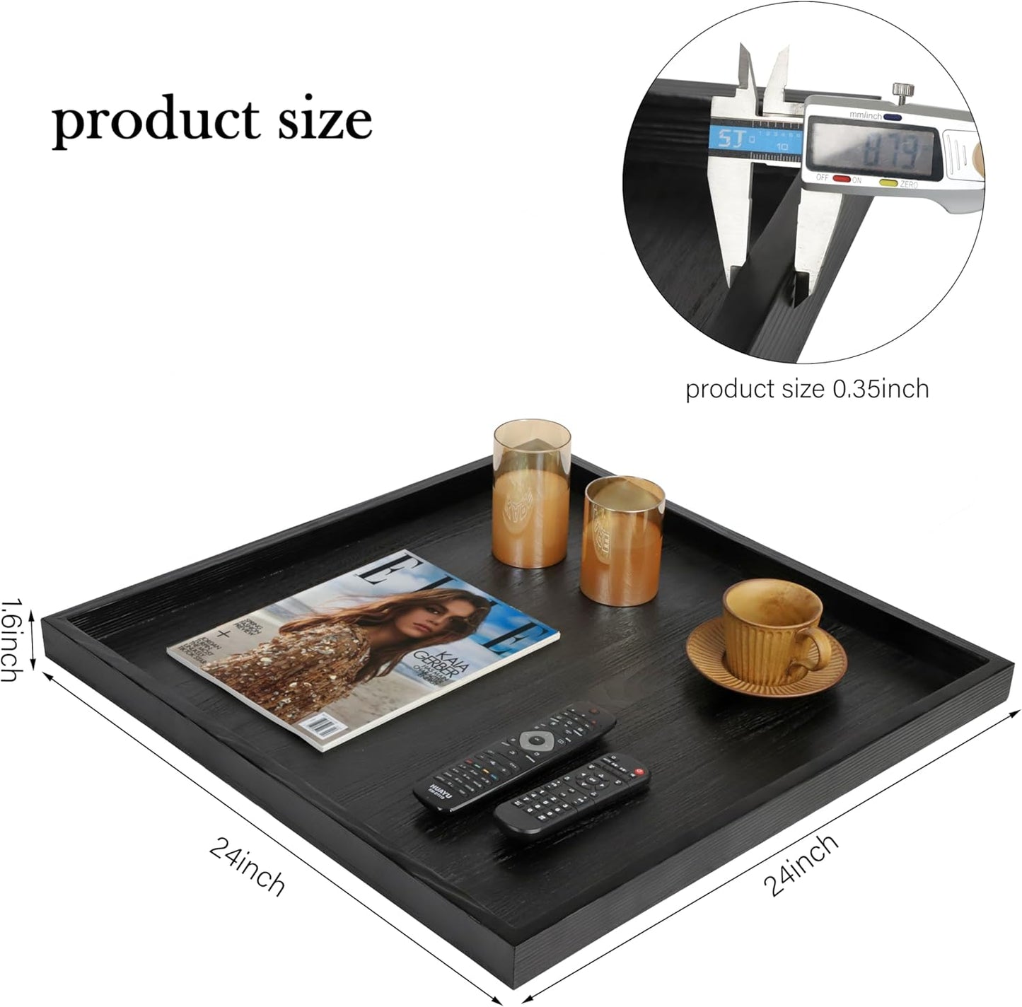 Square Ottoman Table Tray 24" - Rustic Wooden Serving Tray for Farmhouse Decorative Oversized Coffee Table Trays Living Room Kitchen Counter Breakfast Black
