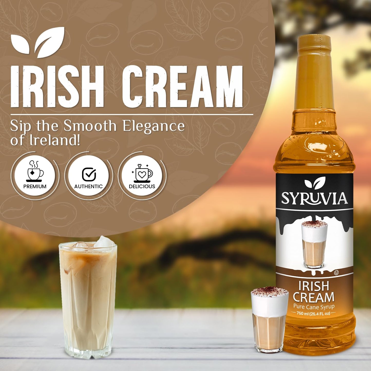 Syruvia Irish Cream Syrup for Coffee - 25.4 fl oz. Kosher and Gluten-Free. Perfect for Enhancing Drinks, Sodas, Shakes, Desserts, and More.