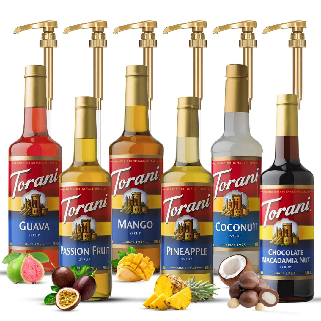 Summer Variety Syrup 6 Pack - Chocolate Macadamia Nut, Pineapple, Coconut, Mango, Guava & Passion Fruit Syrups For Coffee,Italian Soda, Lattes, Frappes With 6 Jimoco Pump Dispensers