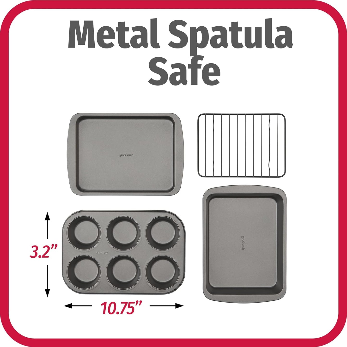 GoodCook 4-Piece Nonstick Steel Toaster Oven Set with Sheet Pan, Rack, Cake Pan, and Muffin Pan, Gray, 4-Piece Set Distributes Heat Evenly, Nonstick Coating, Dishwasher-Safe