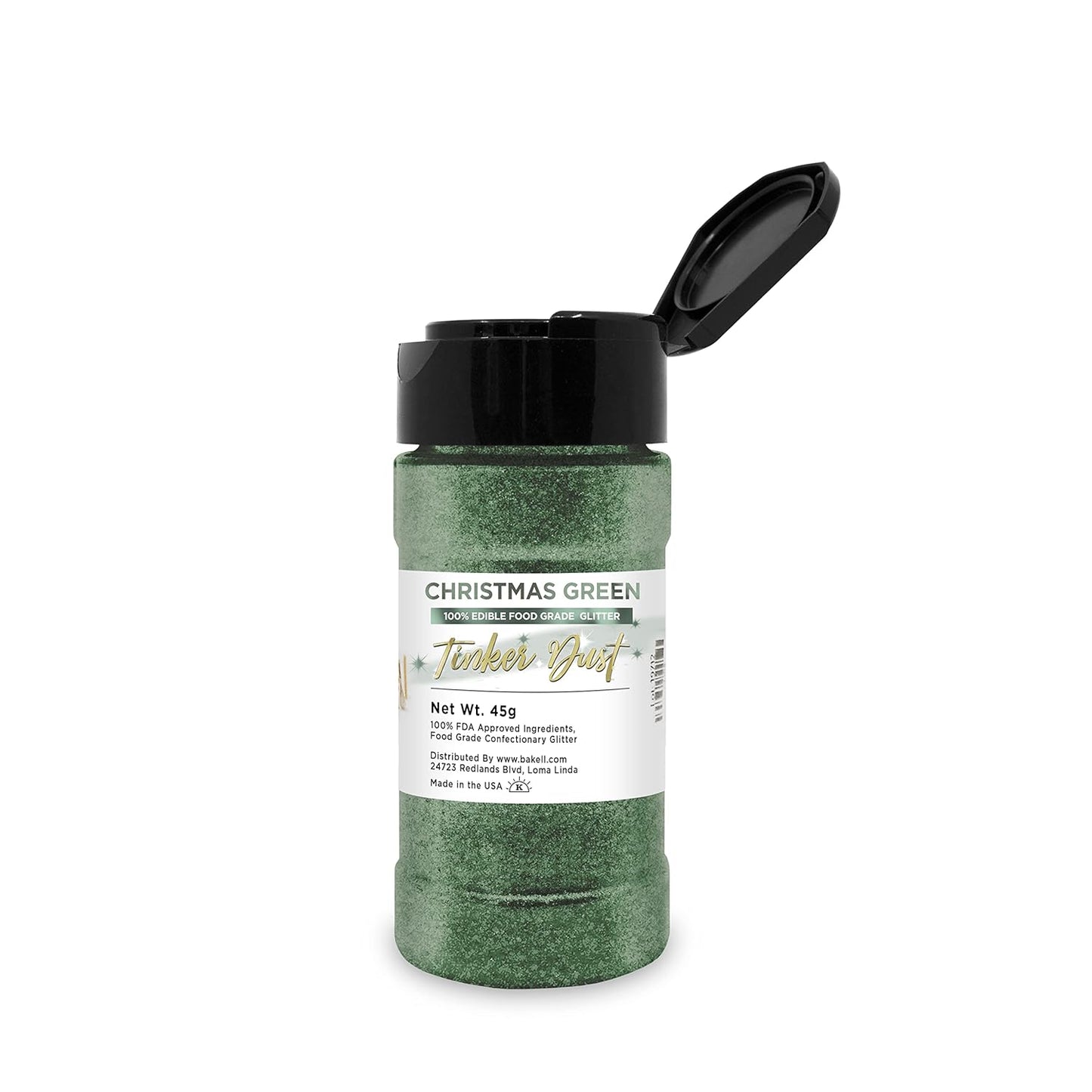 BAKELL Christmas Green Edible Glitter, 45 Grams | TINKER DUST Edible Glitter | KOSHER Certified | 100% Edible Glitter | Cakes, Cupcakes, Cake Pops, Drinks, Dessert Vegan Glitter & Dusts (45g Shaker, Christmas Green)