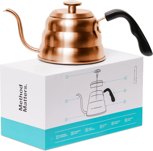 Barista Warrior Pour Over Coffee Kettle with Thermometer – Gooseneck Kettle for Coffee and Tea, Stainless Steel for All Stovetops (Copper Coated, 1.0 Liter, 34 fl oz)