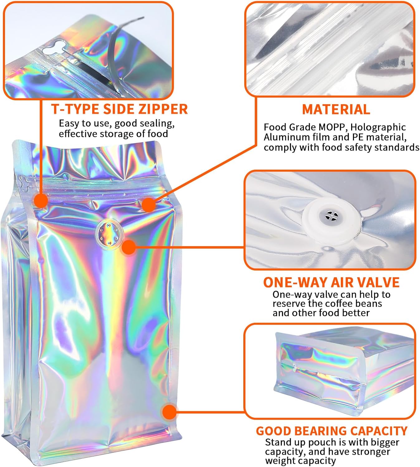 Coffee Bags with Valve (50 PCS,32oz/2lb) Holographic High Barrier Aluminum Foil Flat Bottom Standing Coffee Beans Storage Packaging Bags, Reusable Heat Seal Side Zipper Pouches for Small Business