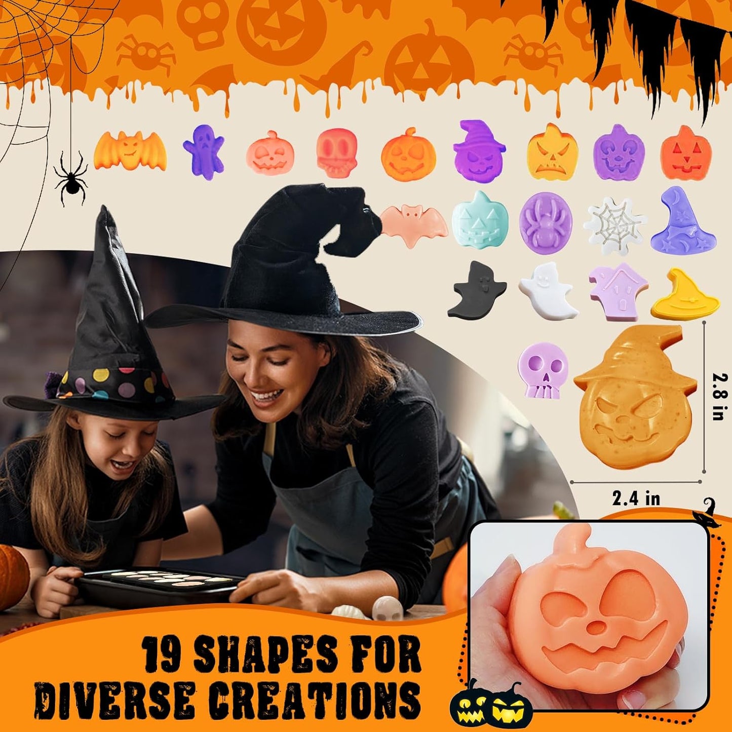 Halloween Silicone Molds Set 19 Shapes Large Baking Molds Pack of 4 Including Pumpkin Skull Ghost Bat Hat Spider Web House Molds, 3D Spooky Homemade Soap Candle Ice Pan Muffin Cupcake Moulds Oven Safe