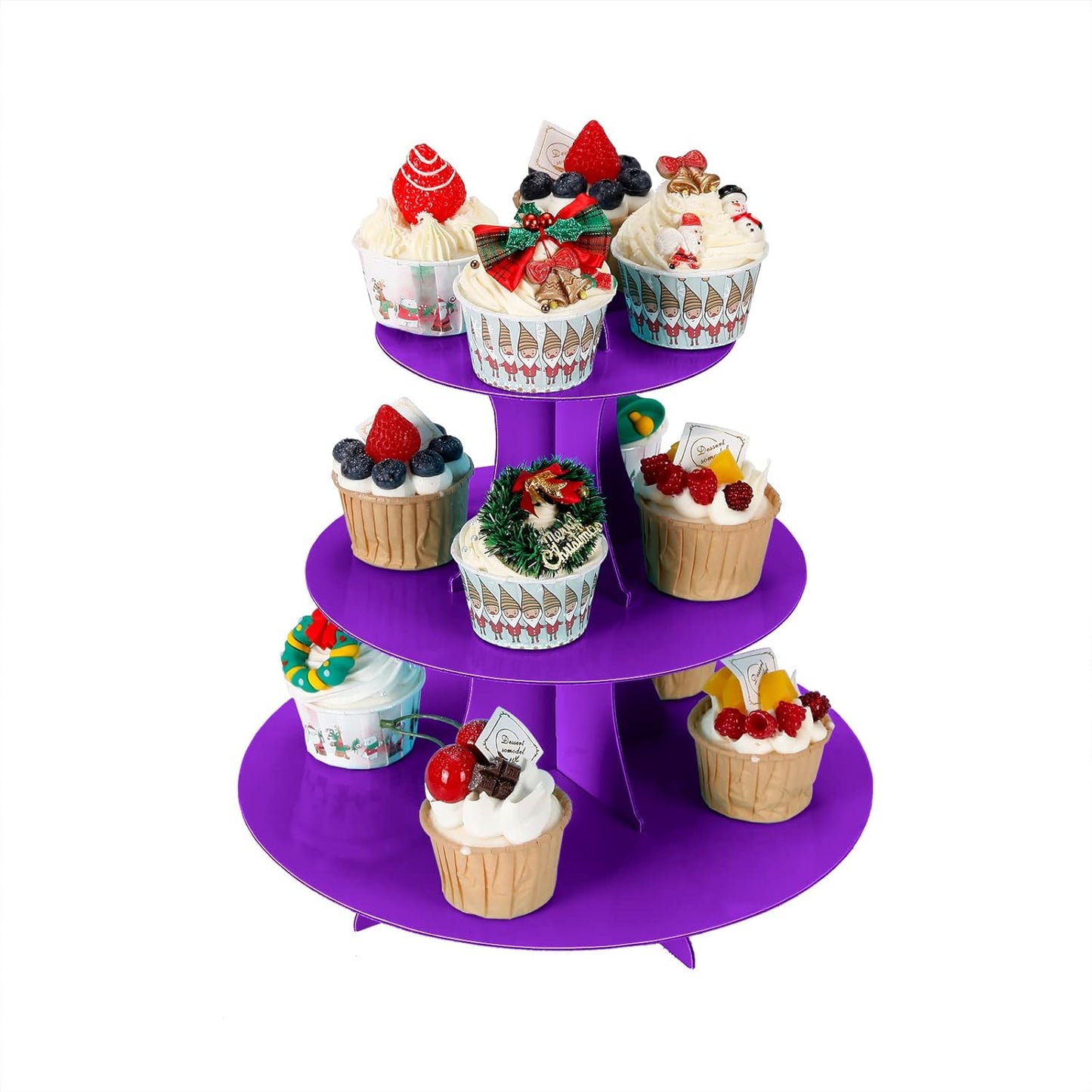 3-Tier Cupcake Stand, Cake Stand holder, Tiered DIY Cupcake Stand Tower for Dessert Table Displays, Birthday Theme Party Favors Decoration, Floral Tea Party, 12" W x 12.8" H, Purple