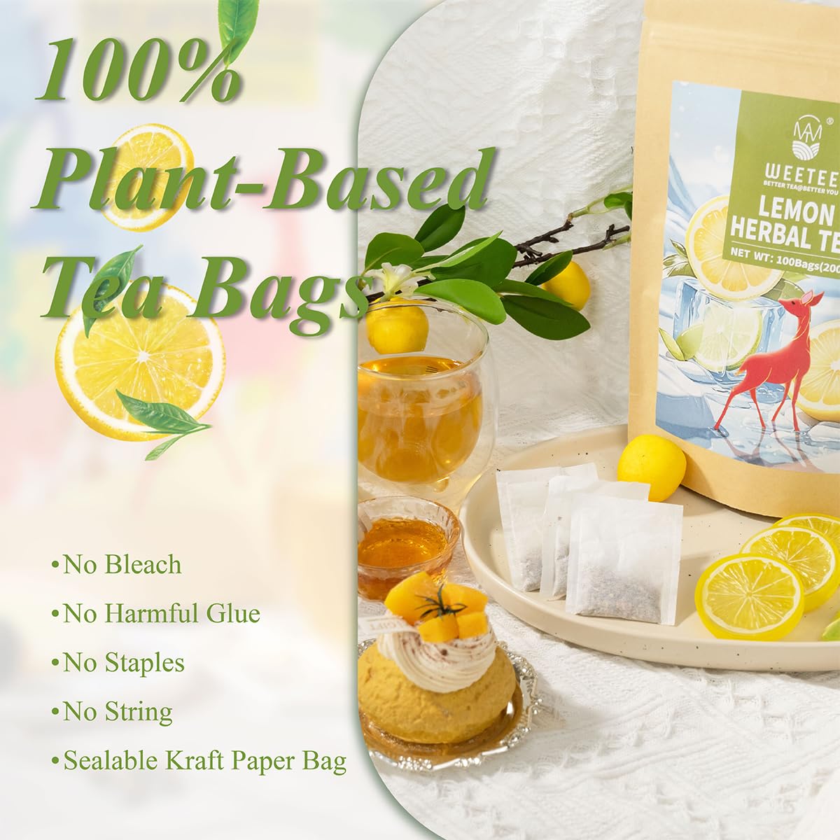 WT WEETEE Lemon Herbal Tea Bags, 2g x 100 Count, Juicy & Refreshing Lemon Flavor, Hot Iced & Cold On-the-Go, Natural Caffeine-free Lemon Tea