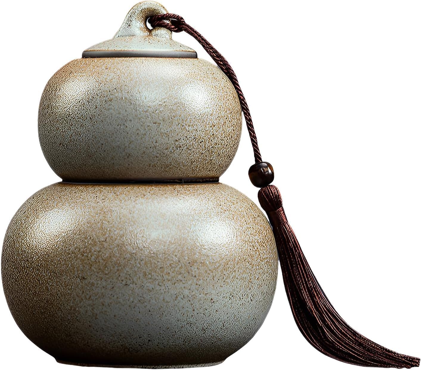 Ceramic Airtight Canister 22 Oz /660ml,Gourd Shap 2 Layers Loose Tea Candy,Food Storage Jar for Coffee,Beans,Herb,Spices,Nuts -Stone White