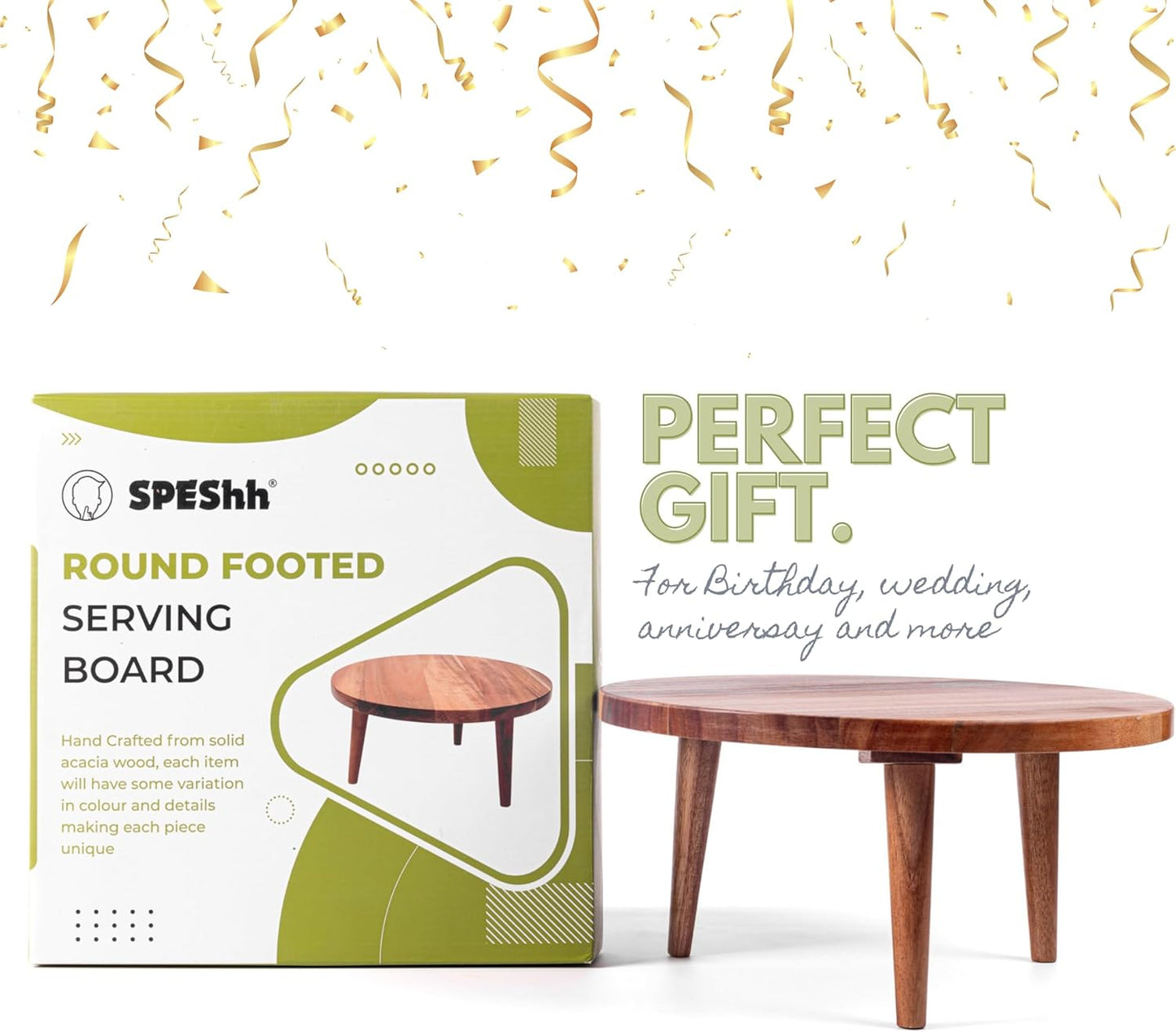 Acacia Wooden Round Footed Serving Board - Pedestal Riser Cake Stand with Removable Legs - Charcuterie Tray Cheese Bread Fruit Vegetable Platters - Plant Holder Set 12 X 6 inches