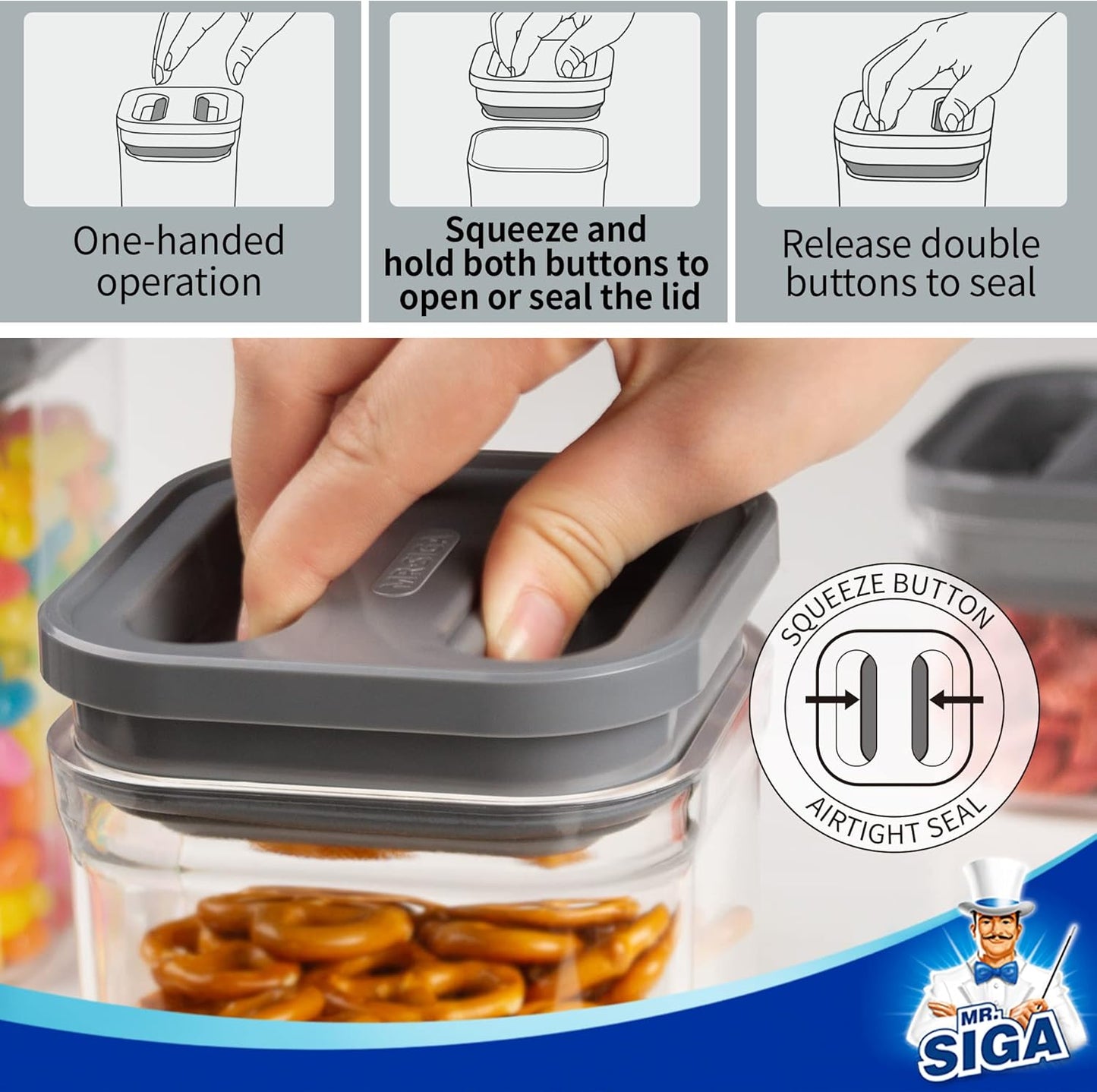 MR.SIGA 4 Pack Airtight Food Storage Container Set, BPA Free Kitchen Pantry Organization Canisters with One-handed Leak Proof Lids, 1L / 33.8oz, Medium, Gray
