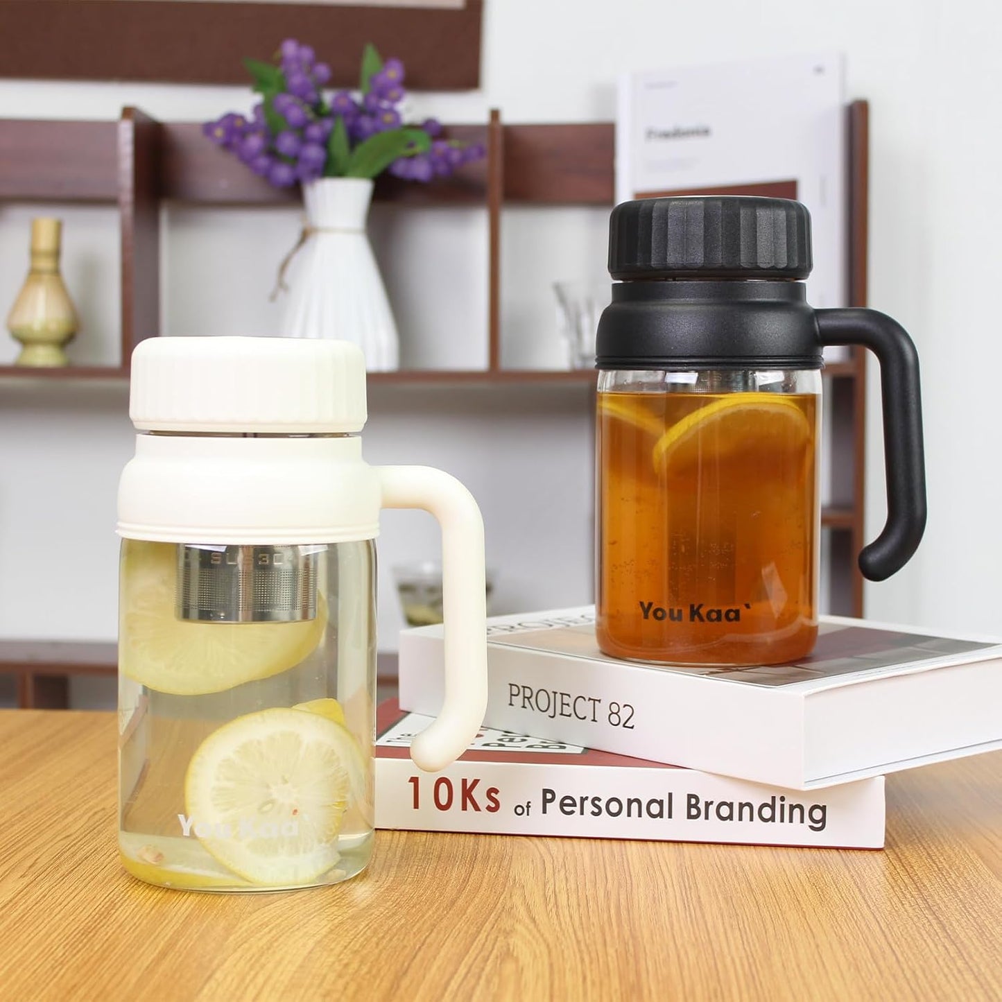 32oz Glass Water Bottle, Tea Bottle with Infuser & Handle, BPA-Free Leakproof Wide Mouth Large Tea Infuser Bottle for Hot or Cold Drinks, Loose Tea, Fruit (Black)