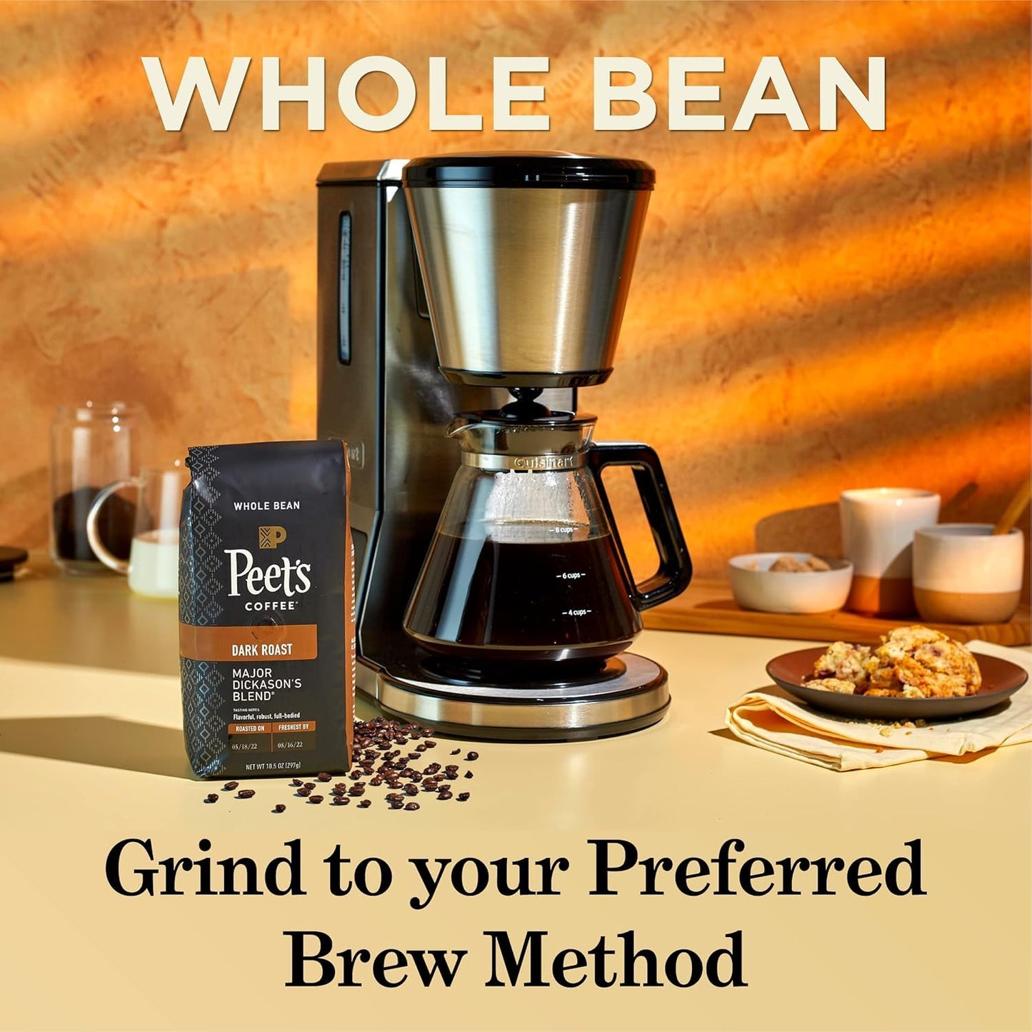 Peet's Coffee, Dark Roast Whole Bean Coffee - Major Dickason's Blend 63 Ounces (6 Bags of 10.5 Ounces)