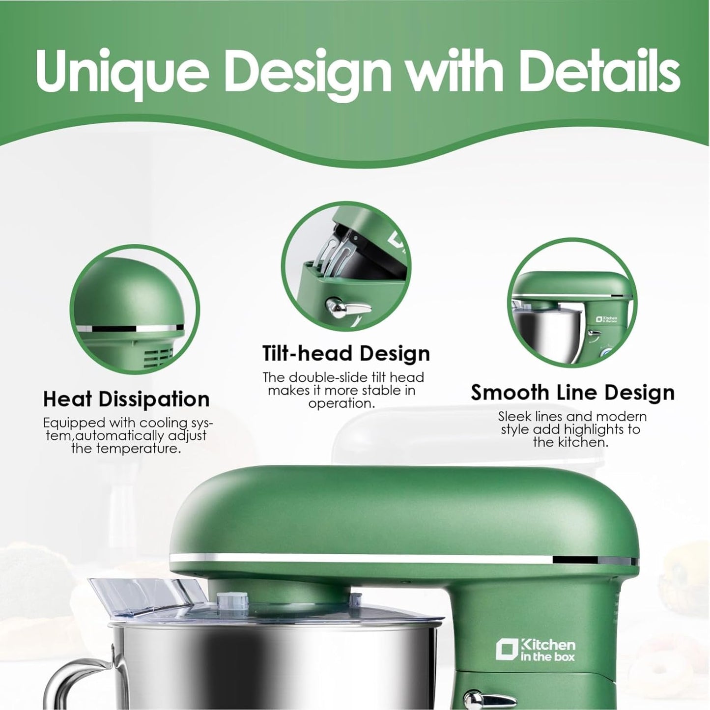Kitchen in the box Stand Mixer, 900W 8.5QT Kitchen Electric Mixer, 6-Speed Large Capacity Food Mixer for Home Cooks with Egg Whisk, Dough Hook & Flat Beater (Green)