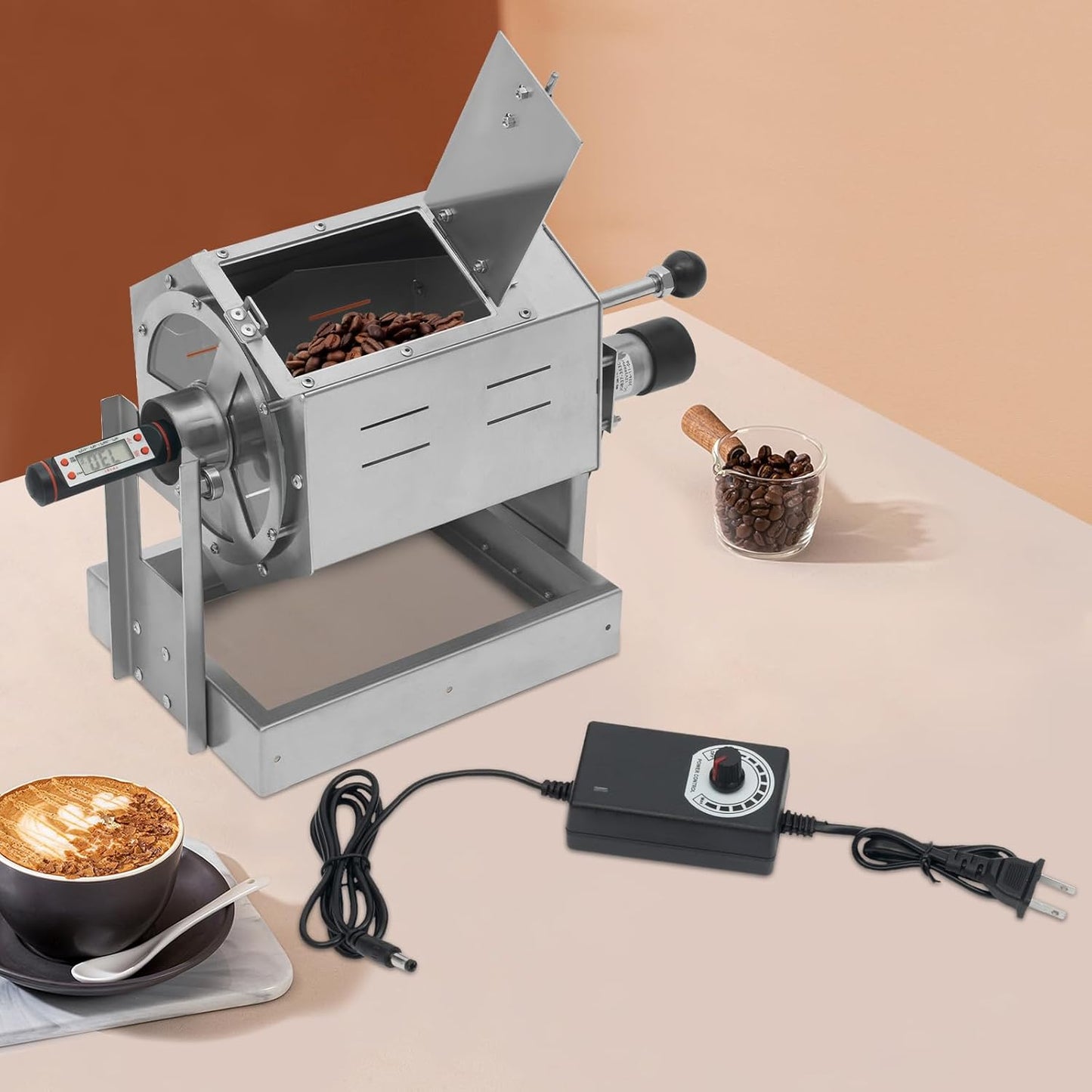 0.66-2.65lb Automatic Coffee Roaster Coffee Bean Roasting Machine Commercial Coffee Gas Roaster with Thermometer & Speed Controller Drum Type Gas Burner Require