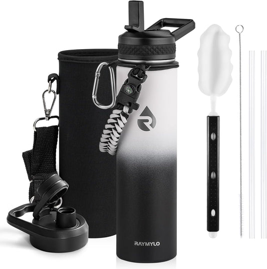 Insulated Water Bottle 24oz, Triple Wall Vacuum Stainless Steel (Cold for 48 Hrs, Hot for 24Hrs), Leak Proof & Non-BPA, 24oz Hydro Water Flask with Paracord Handle & Straw Spout Lids