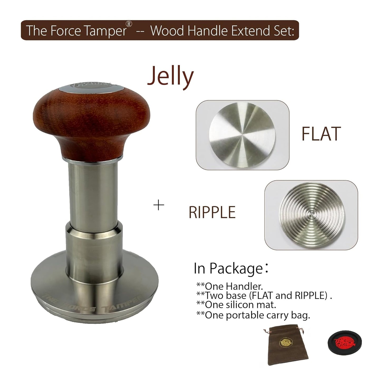 The Force Tamper Automatic Impact Adjustable Constant Pressure and Autoleveling Coffee Tamper Reddish Brown Jellyfish Wooden Handle Set Pro (Extend Set, 58.35mm)