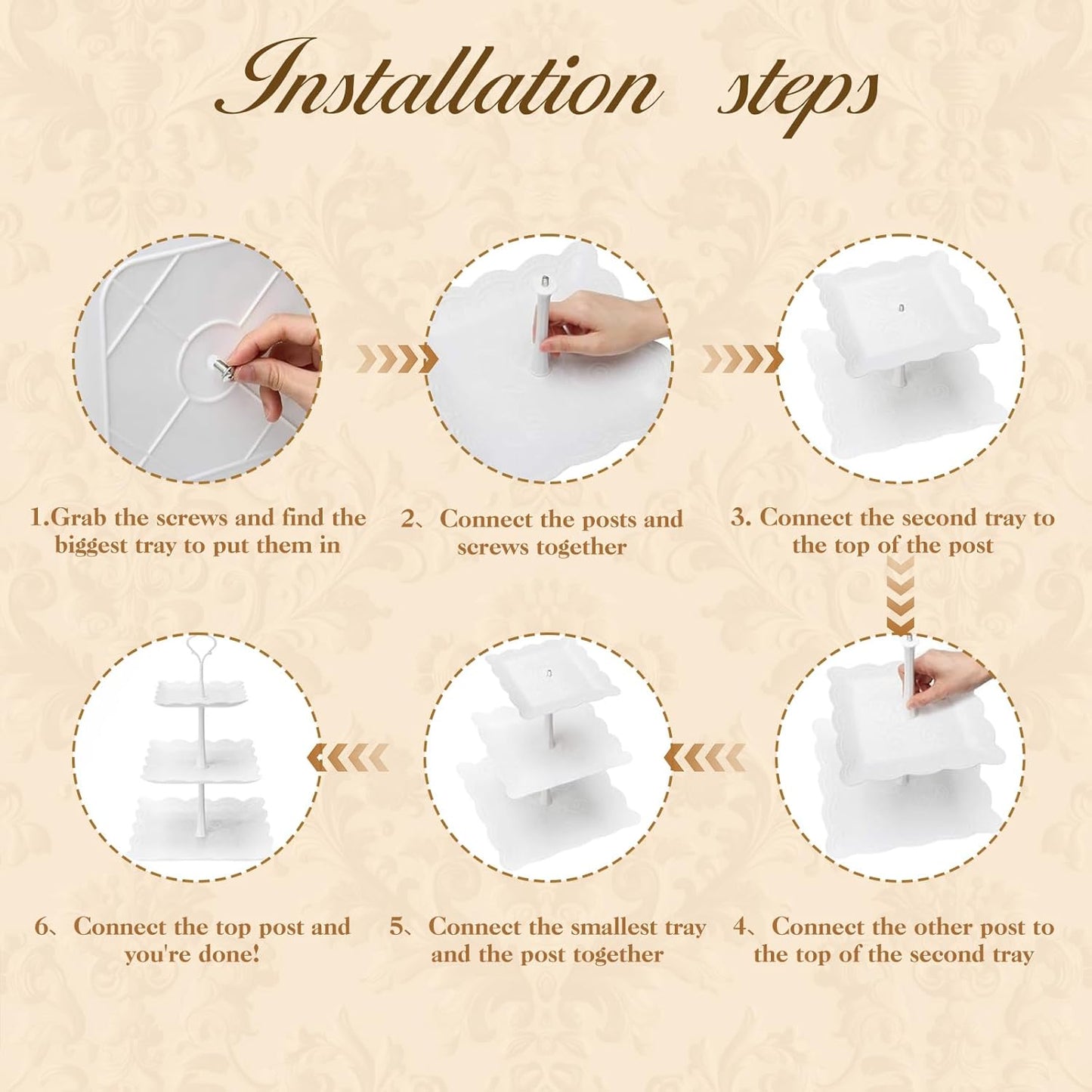 3 Tier Cupcake Stand, Durable Plastic 3 Tier Serving Tray for Cupcake, Fruit, Chocolate, Cookies, Square White Embossed Tiered Tray Stand for Wedding, Baby Shower, Party