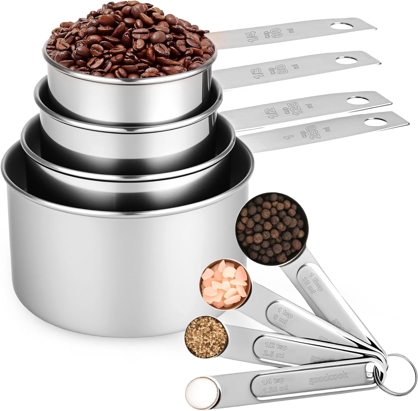 Measuring Cups and Spoons Set,Stainless Steel 8 Piece Nesting Measuring Tools for Dry & Liquid Ingredients, Kitchen Gadgets for Cooking and Baking, Includes 4 Cups and 4 Spoons