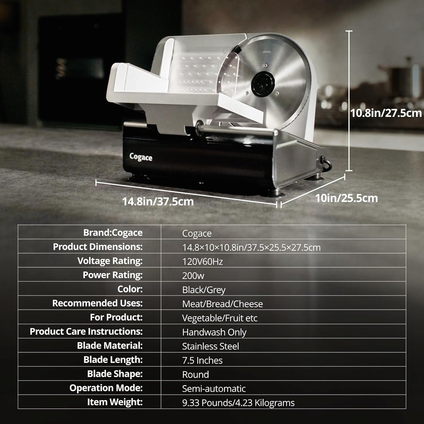 Powerful Deli Meat Slicer Machine, 200W Electric Food Slicer with 3 Types of 7.5" Stainless Steel Blades, Adjustable Thickness 0–15mm, for Meat, Cheese, Bread, Vegetables, Home Use