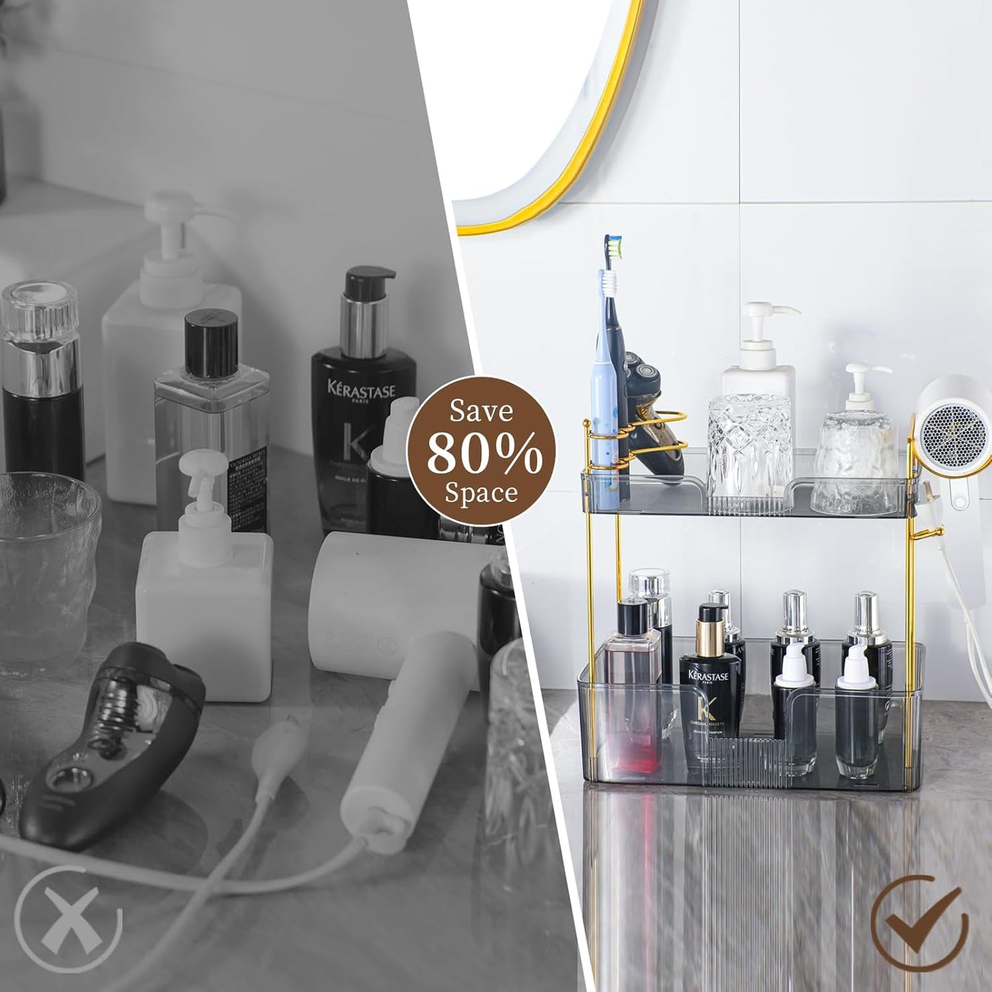 YCIA&DONE Bathroom Counter Organizer, Large Makeup Organizer Countertop, Shelf Storage, Vanity Tray, Easily Assemble for Bathroom Organizers and Storage, Undersink, Cabinet, 2 Tiers Grey