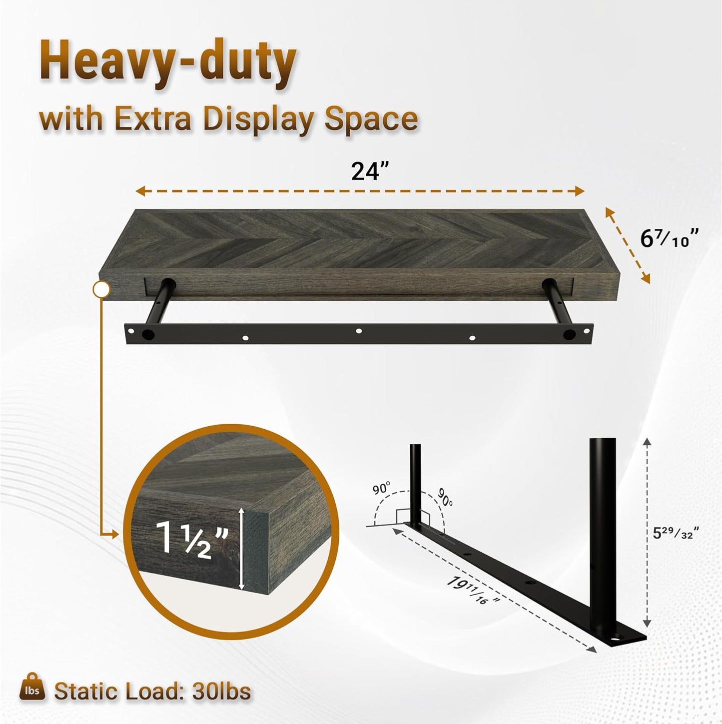 24" Acacia Chevron Floating Shelves Set of 2 - Wall Mounted Wooden Shelf for Stylish Home Décor - Mocha Color - 24x6.7x1.5 Inches