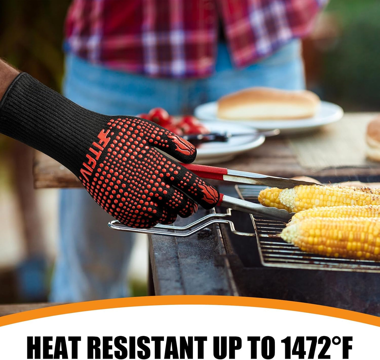 BBQ Gloves, Oven Gloves, 1472°F Extreme Heat Resistant Barbecue Gloves, Silicone Non-Slip Oven Mitts, Kitchen Gloves for Cooking, Grilling, and Baking (Red)