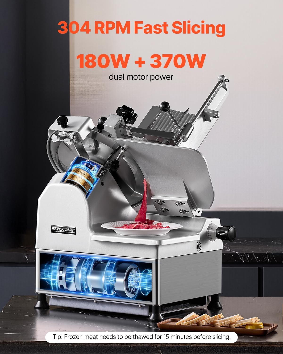 VEVOR Automatic Meat Slicer, 180W + 370W Deli Slicer with a 12 inch Premium 65Mn Blade, 0-0.3 inch Adjustable Thickness, Electric Food Slicer Machine for Meat, Vegetables, Hard Bread, and Cheese