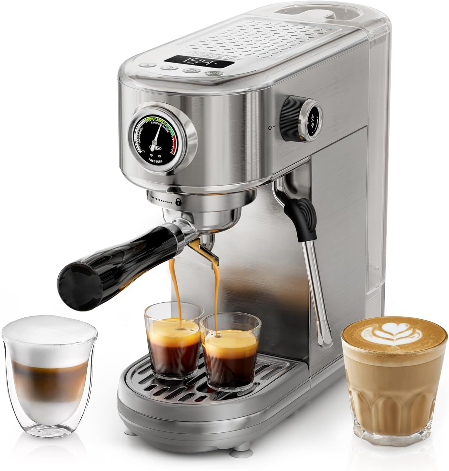 HIBREW Espresso Machine 20 Bar, Semi-Automatic Cappuccino Maker with Milk Frother for Latte Art, Adjustable Temperature & Water Volume, with Display, Pressure Gauge & Stainless Steel Body