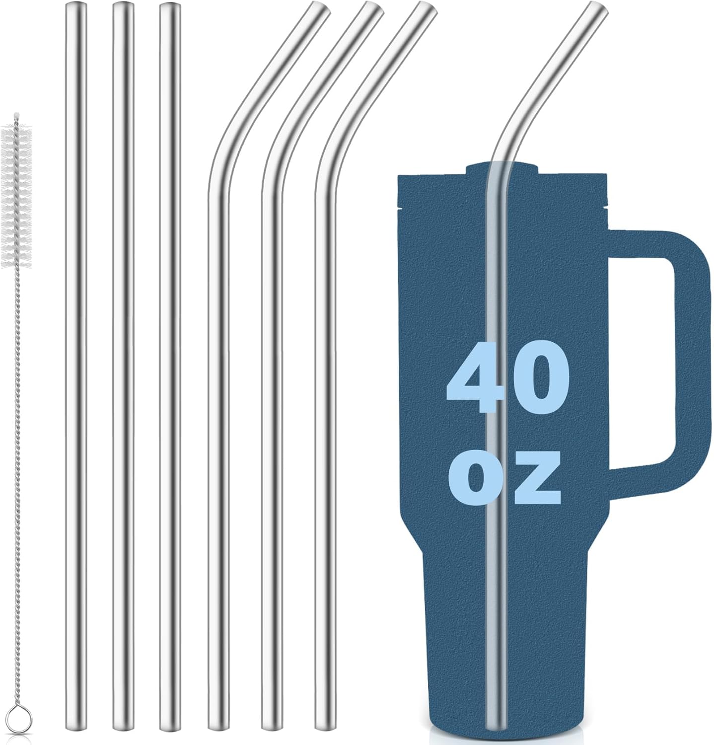 for Stanley Quencher 40oz Tumbler 6x Metal Stainless Steel Straws, 12inch Replacement Extra Long/Tall Straws for Stanley Cup 40oz Drinking Reusable Accessories (3x Straight & 3x Bent)