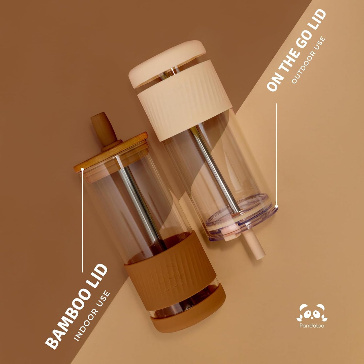 Pandaloo® Glass Cups With Lids and Straws -20 Fl Oz- Perfect Size Iced Coffee Cup - Smoothie Cup With Bamboo Lid and On the go Lid - Glass Tumbler (2 Count (Pack of 1), Amber Sand-Black Saphir)