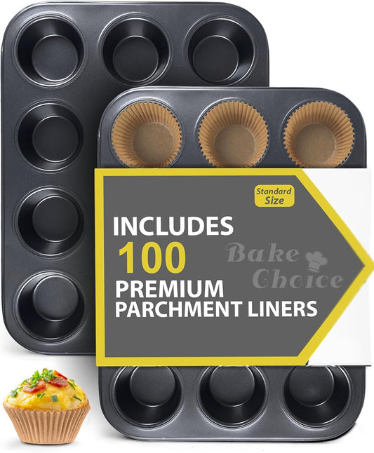 2 Pack Muffin Pan for Baking, Standard Cupcake Pan includes 100 Natural Cupcake Liners, Muffin Tin Nonstick 12 Cup, Baking Pans Set, Carbon Steel Baking Supplies