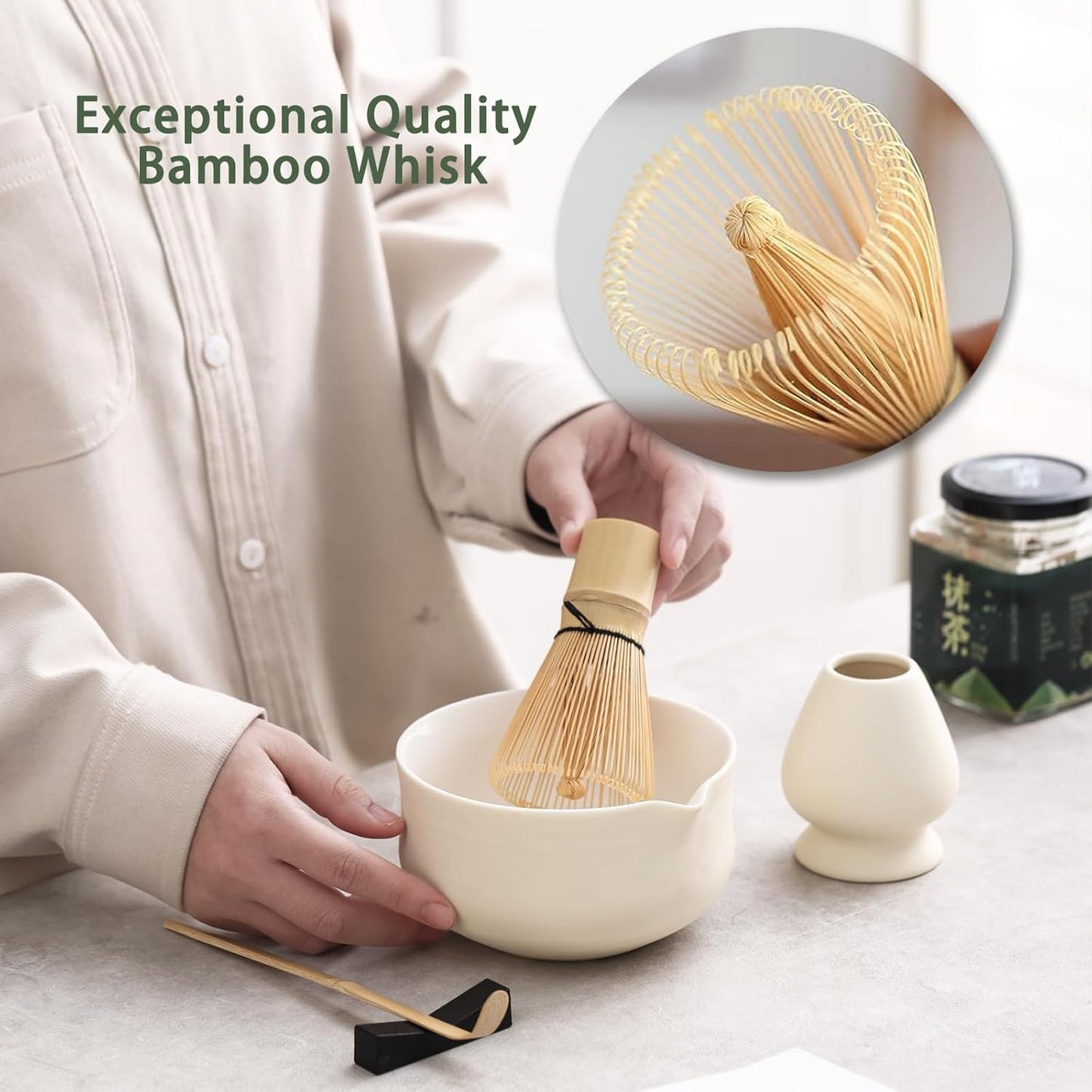Matcha Set, Japanese Tea Set Includes Matcha Bowl with Spout, Matcha Whisk Holder (chasen), Bamboo Matcha Whisk and Bamboo Scoop, Ceramic Matcha Kit for Tea Lovers