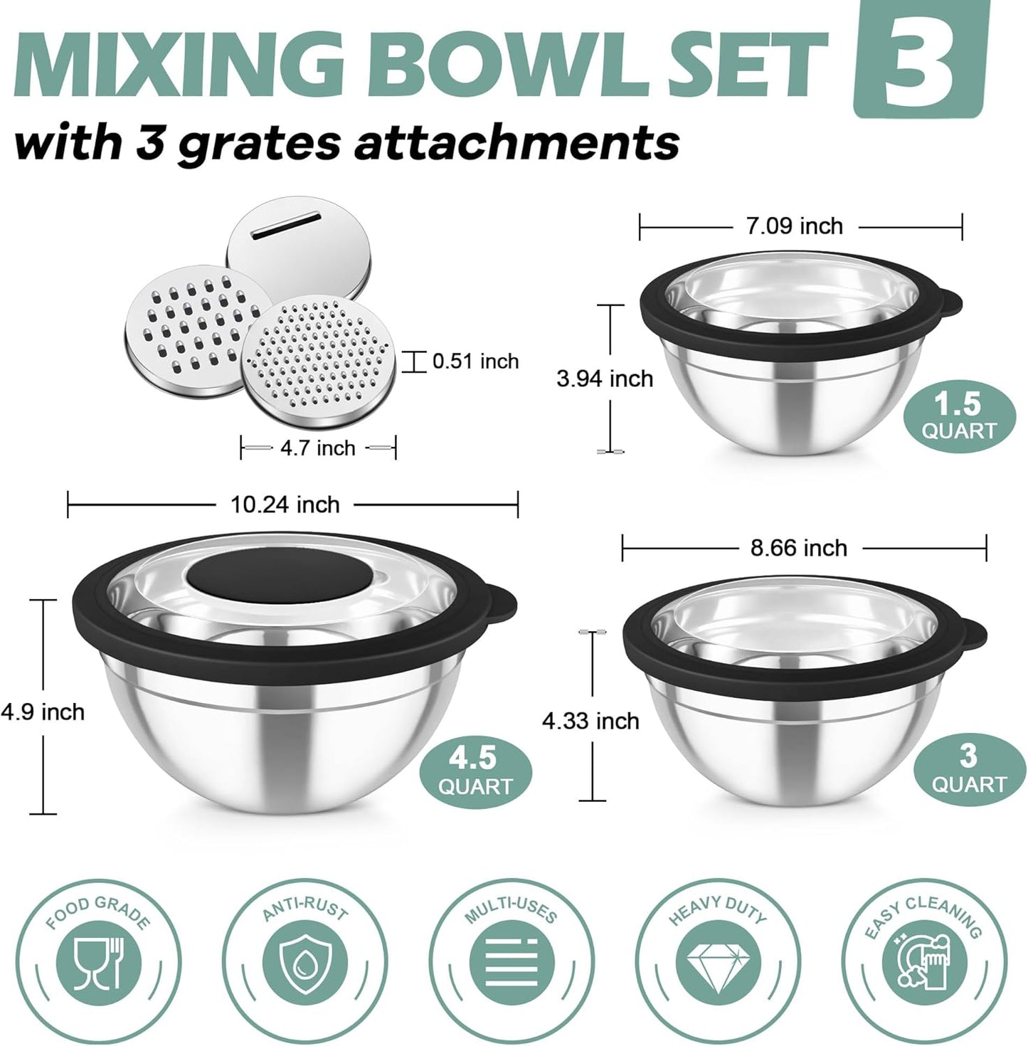 TeamFar Mixing Bowls, 3PCS Stainless Steel Serving Salad Bowls with Lids & 3 Graters, For Kitchen Mixing/Baking/Storing/Prepping, Visible & Airtight, Easy Clean - 4.5/3 / 1.5 QT, Black