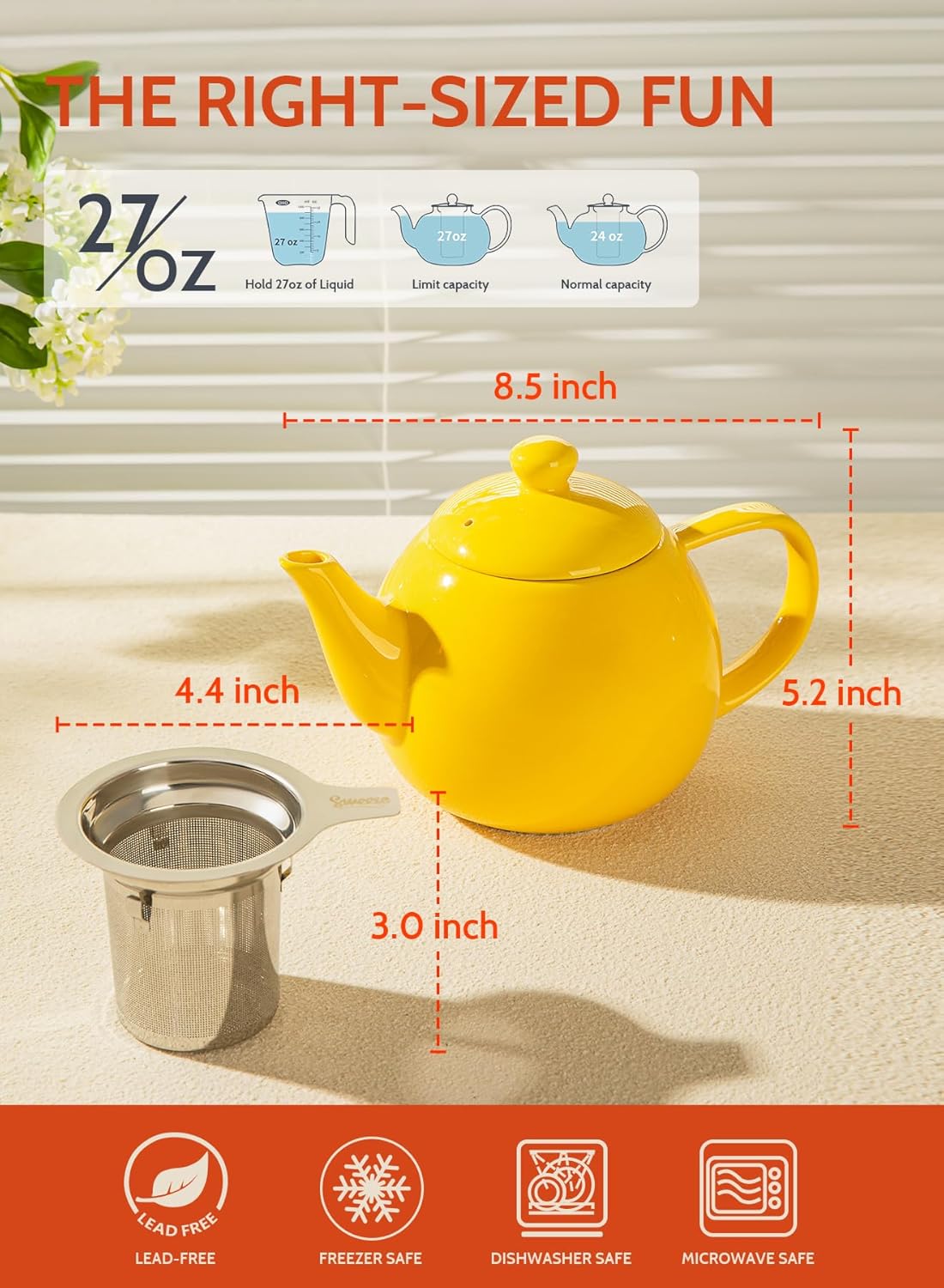 Sweese Teapot, Porcelain Tea Pot with Stainless Steel Infuser, Blooming & Loose Leaf Teapot - 27 ounce, Yellow