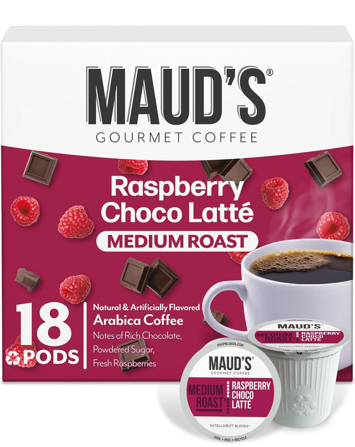 Maud's Raspberry Chocolate Flavored Coffee Pods, 18 ct, Medium Roast Flavored Coffee in Recyclable Single Serve Pods – 100% Arabica Beans, Compatible with Keurig K Cups Maker