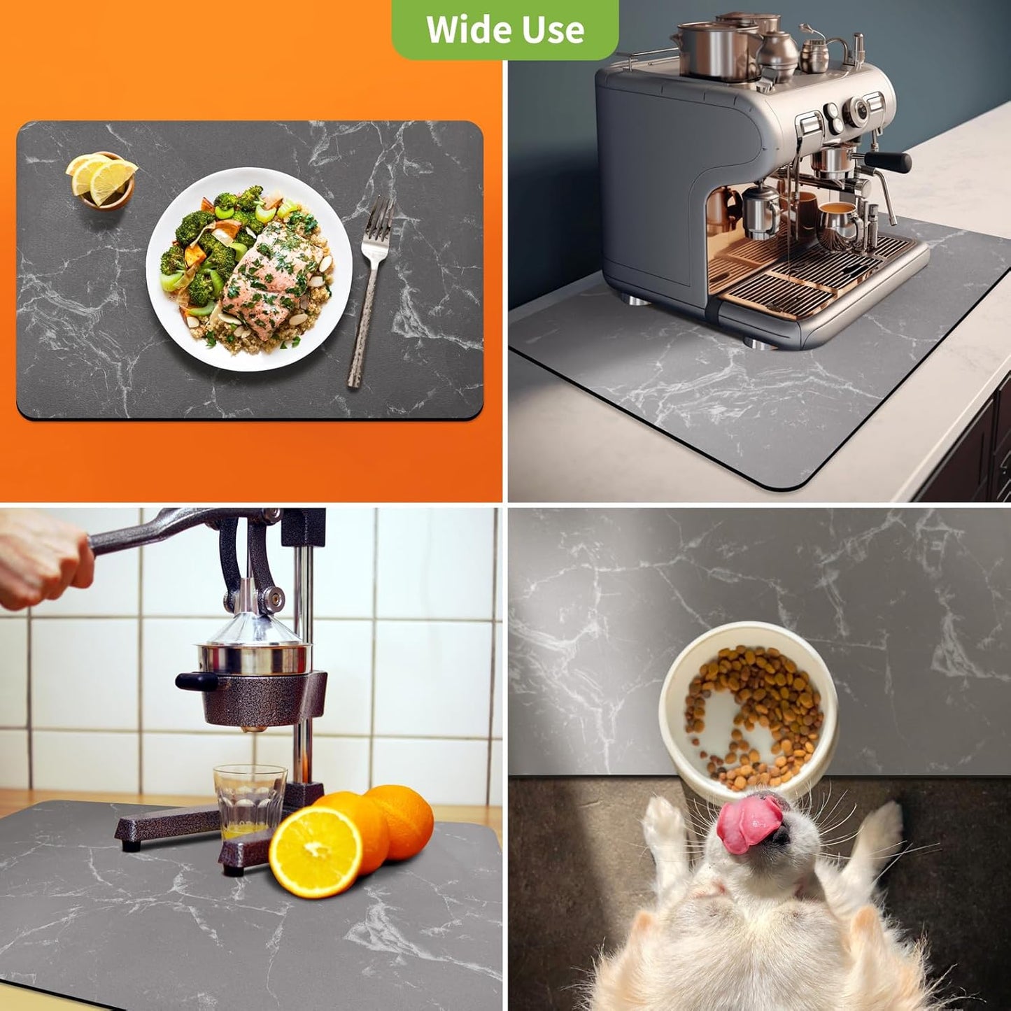 Coffee Bar Mat Dish Drying Mat - 16x24, PU Surface & Rubber Backed, Kitchen Countertop Protector, Quick Absorbent, Heat Resistant - Gray and White Marble