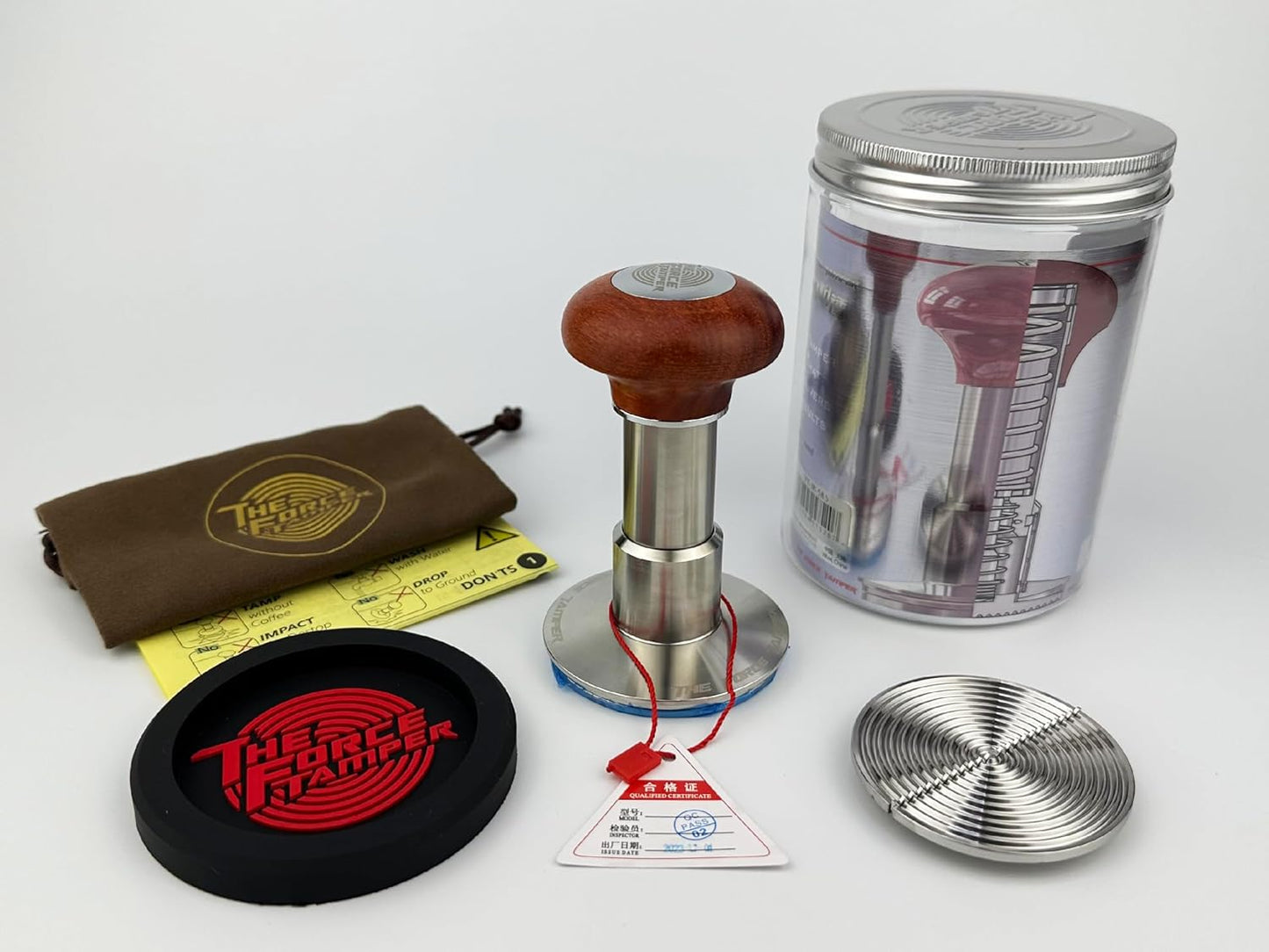 The Force Tamper Automatic Impact Adjustable Constant Pressure and Autoleveling Coffee Tamper Reddish Brown Jellyfish Wooden Handle Set Pro (Ripple-Distribute Set, 54.00mm)