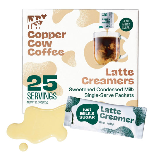 Copper Cow Coffee Sweetened Condensed Milk Coffee Creamer Singles (25 pack) | Vietnamese Inspired Coffee Creamer, All Natural Creamer Packets for Pour Overs & Lattes | No Refrigeration Needed