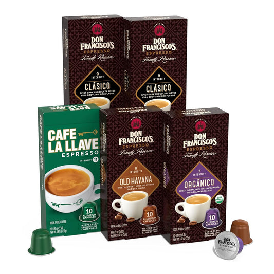 Don Francisco's and Cafe La Llave Espresso Capsule Variety Pack - 50 Recyclable Aluminum Pods Compatible with Nespresso Originalline - Premium Coffee with 4 Flavors and Intensities